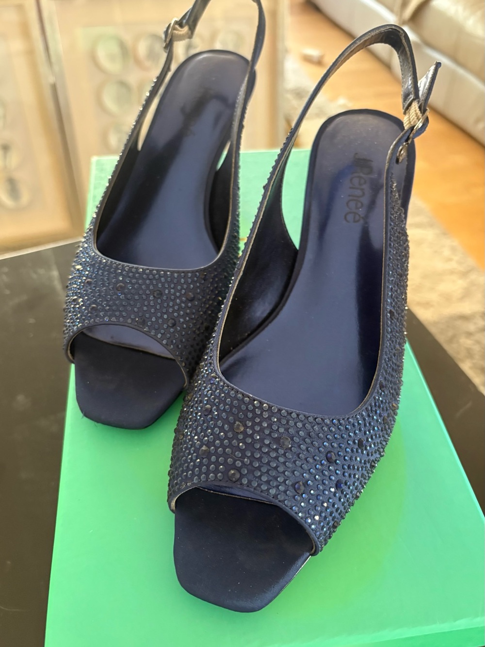 J.Renee Navy Crystal Peep-Toe Slingback Heels Size 8-1/2M